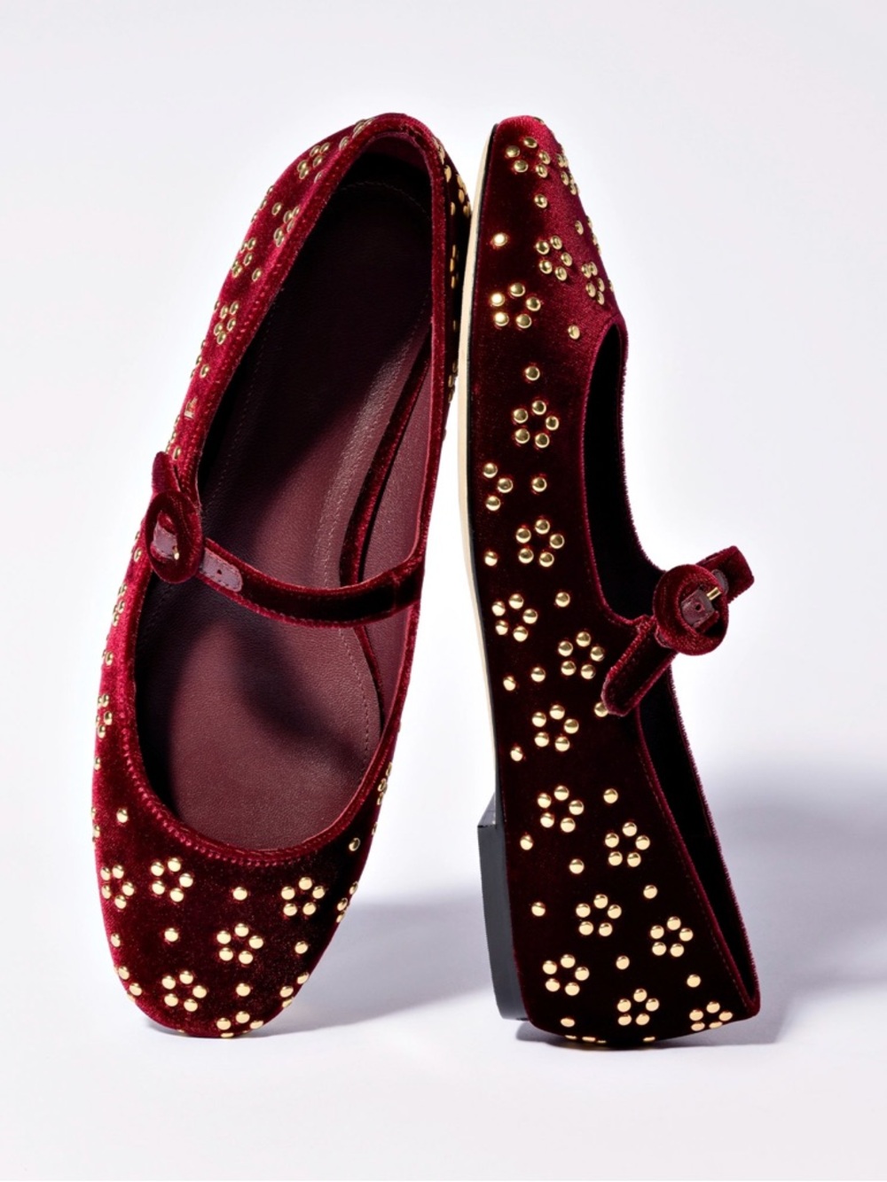Larroude NWOT Blair Red Burgundy Velvet Mary Jane Ballet Strap Flats Gold Studs